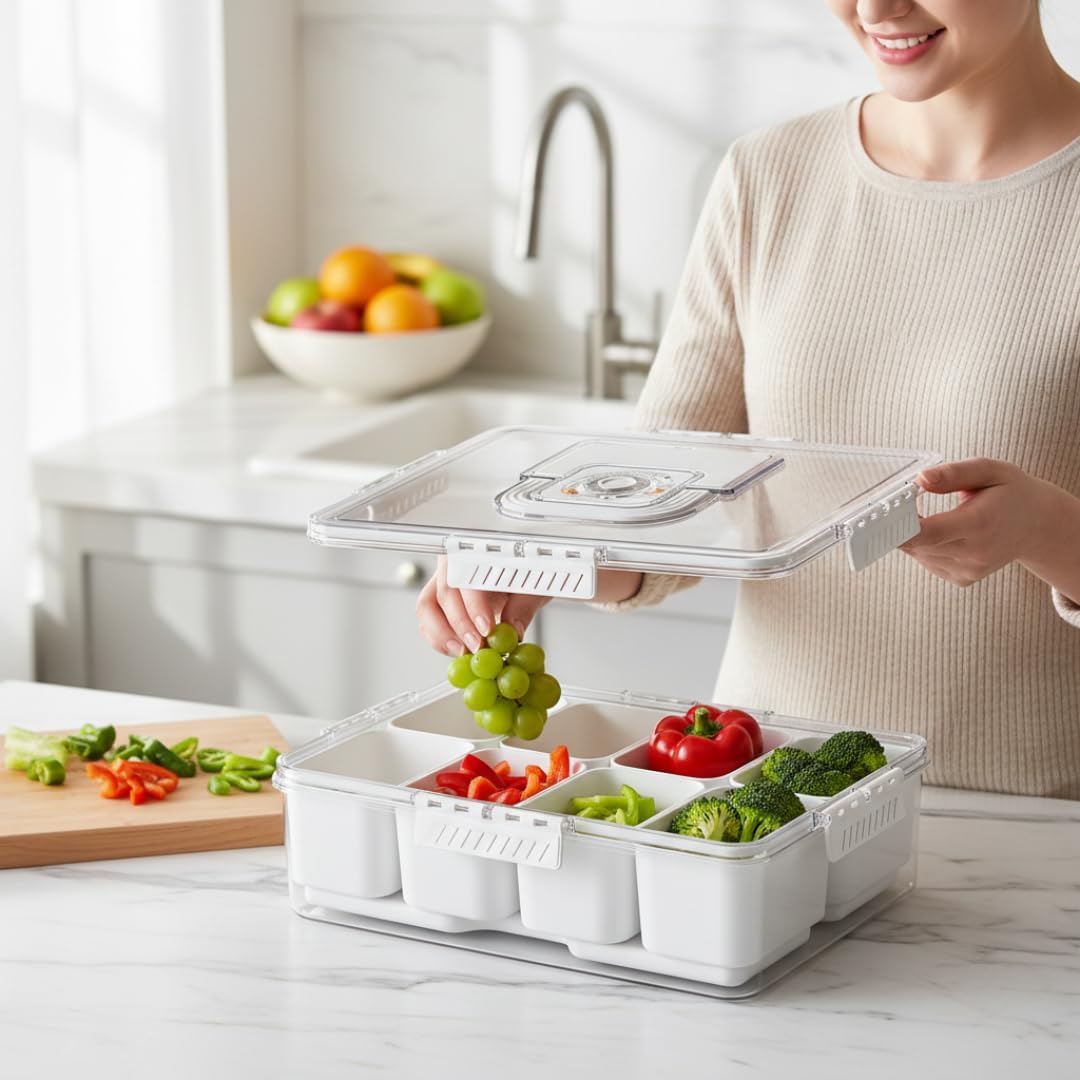 Snackle Box Container with Reusable Ice Pack, 8-Compartment Divided Serving Tray with Lid & Handle, Cooling Charcuterie Snack Box Organizer for Travel, Outdoor Parties, Beach & Picnic