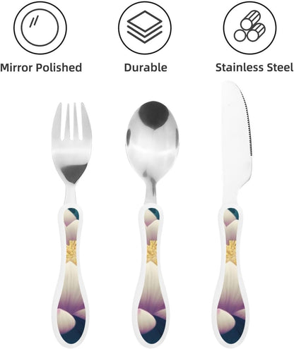 3-Piece Kids Silverware Set With Storage Case, Stainless Steel Reusable Children Safe Knife Spoon Fork Set Leaves Floral On Rustic Wood Children Flatware Set For Kids Lunch Box