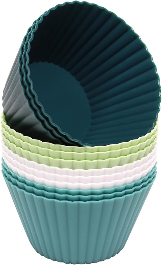 Extra Large Silicone Cupcake Muffin Cups 12 Pcs, 3.54 Inch Muffin Liners, Reusable Jumbo Silicone Baking Cups Easy to Clean, Great for Cupcake, Mousse(3 Green, White)