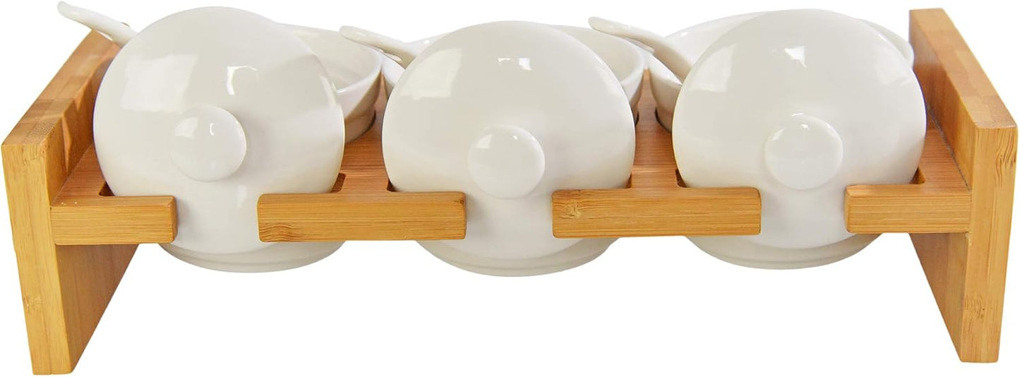 Home-X Bamboo and Ceramic Condiment Tray - Ideal Serving Dish for Hosting Entertaining, Party Essential, Taco Bar, Includes Dip Bowls, Spoons, Lids and Serving Platter, Salsa, Chips, Veggies, Fruits