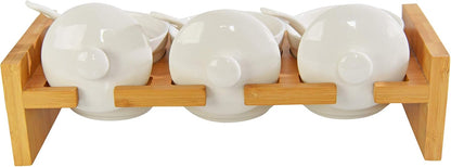 Home-X Bamboo and Ceramic Condiment Tray - Ideal Serving Dish for Hosting Entertaining, Party Essential, Taco Bar, Includes Dip Bowls, Spoons, Lids and Serving Platter, Salsa, Chips, Veggies, Fruits