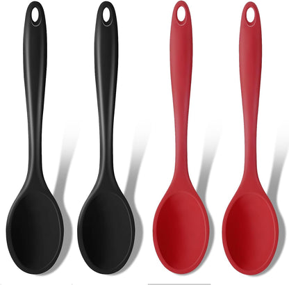GEEKHOM Silicone Cooking Spoons, 4 Pieces 8" Heat Resistant Silicone Kitchen Utensils Set Serving Stirring Spoons for Non Stick Cooking, Mixing, Basting, Baking, Black+Red+Gray+Blue