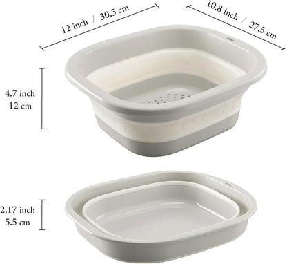 Collapsible Colander & Wash Basin Set, 2-in-1 Foldable Dishpan with Drain Holes, Space-Saving Kitchen Sink Tub for Washing Fruits, Vegetables, Camping, RV & Travel (Green)