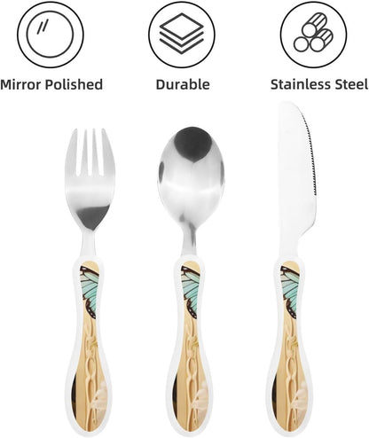 Stainless Steel Kids Silverware Set, Flower Branches On The Cross Utensil Set Reusable Children Safe Knife Spoon Fork Set With Storage Case Dishwasher Safe For Lunch, Travel Outdoors
