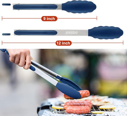 Kitchen Tongs, Stainless Steel Cooking Tongs with Silicone Tips, 600ºF High Heat-Resistant Non Scratch Locking Tongs for Cooking BBQ Grilling Air Fryer Pans, Set of 3 (7" 9" and 12") Black