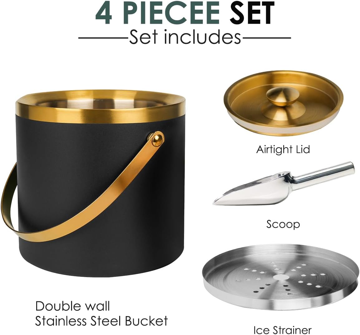 3L Double-Wall Insulated Stainless Steel Ice Bucket with scoop for Cocktail Bar - Metal Ice Bucket for freezer with Lid for parties,Camping,and More!champagne bucket,bar cart accessories