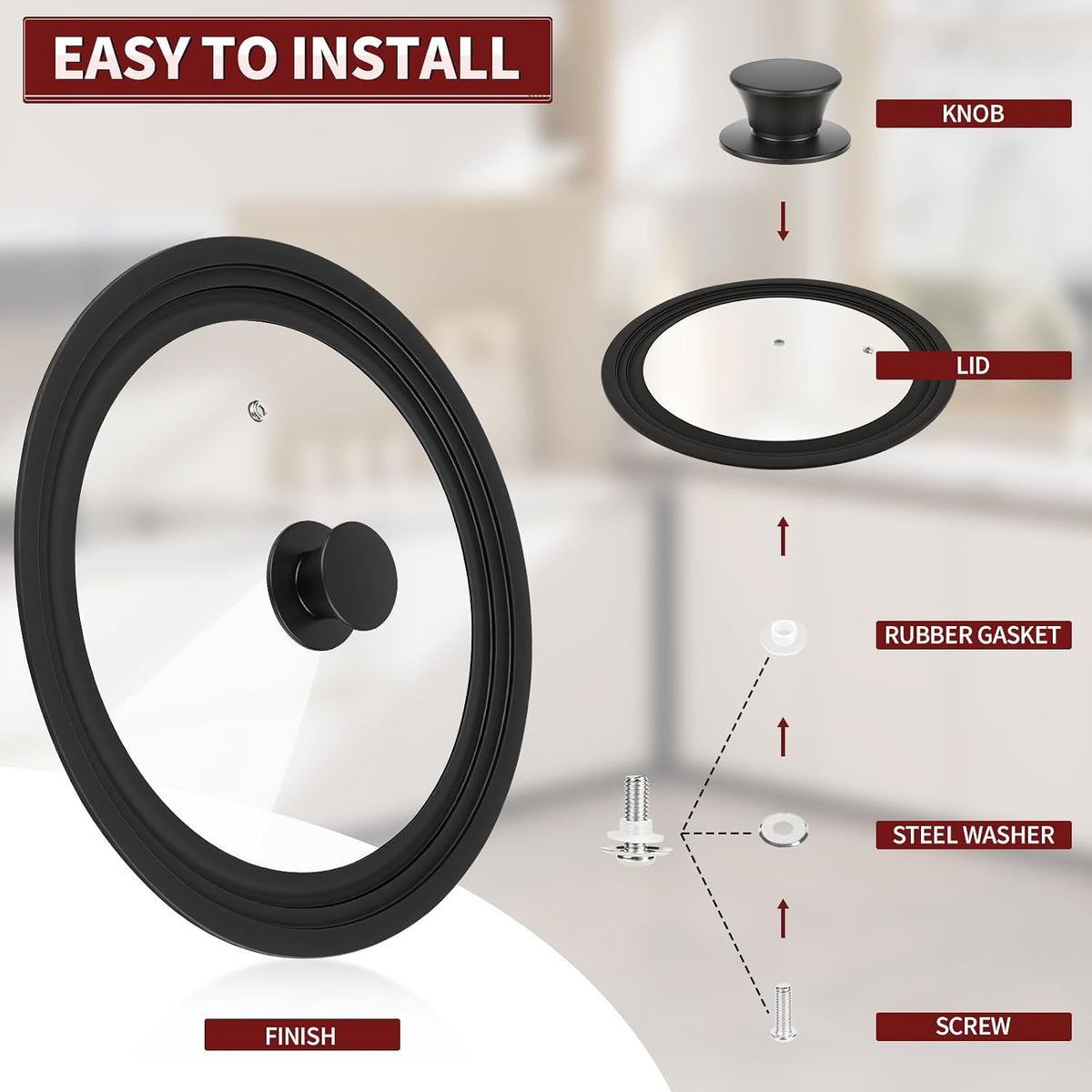 3 Pack Universal Pan Lids,Replacement Pan Lid Fits 6", 7" 8" & 8", 9" 9.5" & 10", 11" 12" Cookware,Tempered Glass Pan Cover with Heat Resistant Rim for Skillets, Pots, Frying Pans & CrockPot