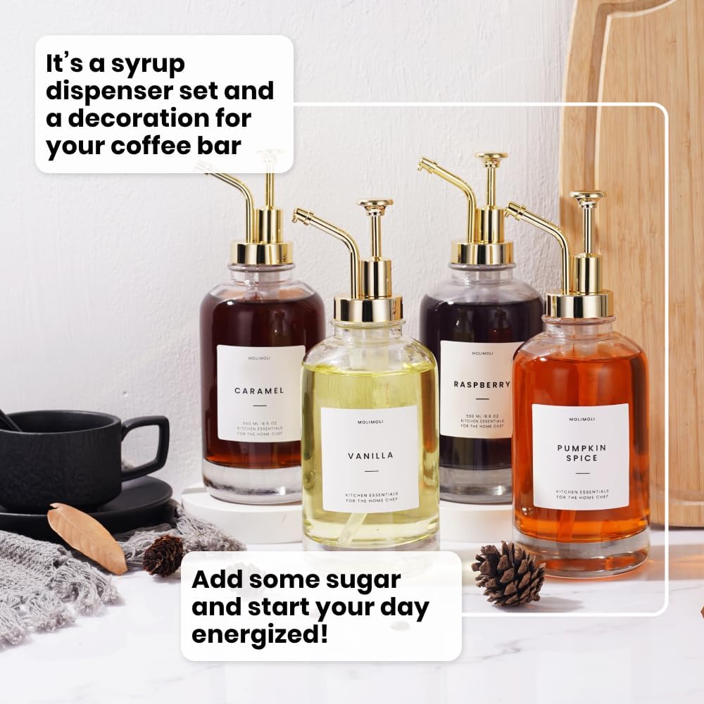 Molimoli Syrup Dispenser for Coffee Bars, Glass Syrup Bottle w. Pump, 16.9 oz 500 ml, Gold Upgraded Dispenser