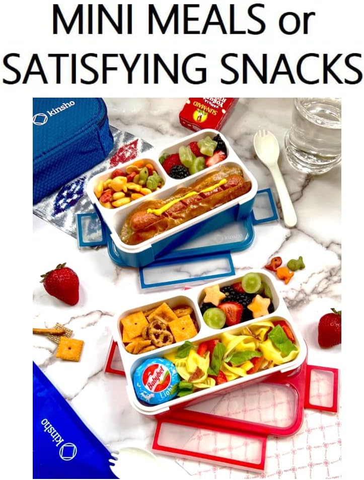 Small Snack Containers for Kids Toddlers - 3 Compartments (Set of 2) - Leak-Proof Reusable Boxes with Lids - BPA-Free Plastic Mini Bento Lunch Box - Holds 2 Cups Capacity (Pastel Blue+Teal Sparkle)