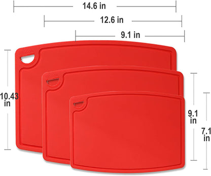 Liflicon Thick Cutting Boards for Kitchen Silicone Chopping Board Set of 2 Mid 12.6'' x 9.1”,Mini 9.1”x7.1” Non-slip Deep Drip Juice Groove Easy Grip Handle,Dishwasher Safe-Red