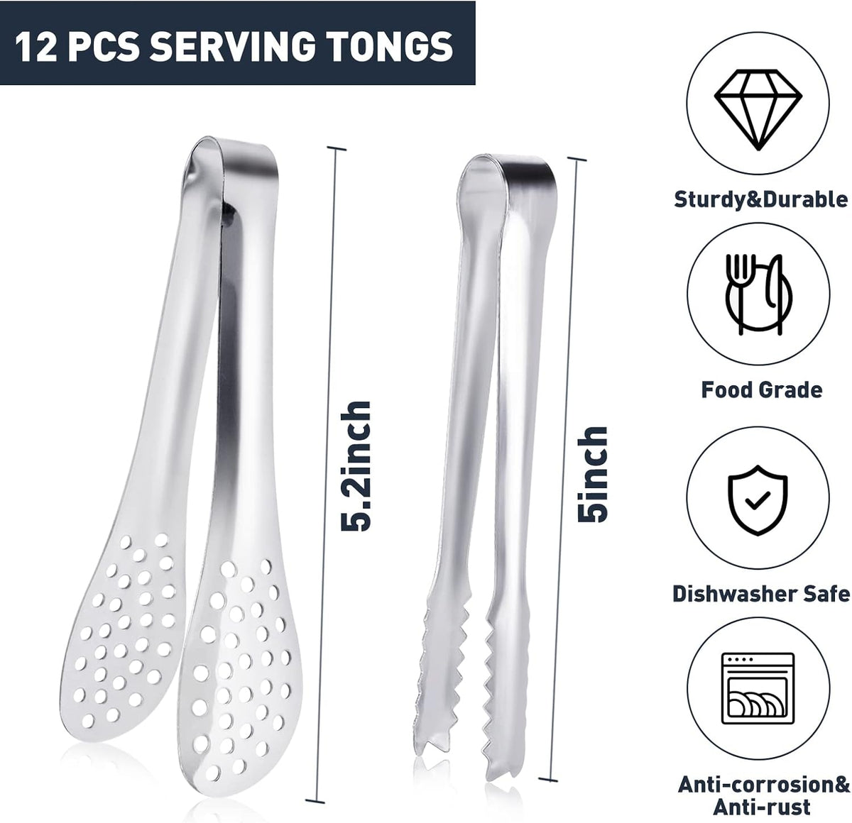 JCREN 12 Pcs Serving Tongs, Small Serving Utensils for Parties Catering Gold Tongs, Small Stainless Steel Mini Appetizer Tongs for Tea Party Coffee Bar, 4 Inches - Gold