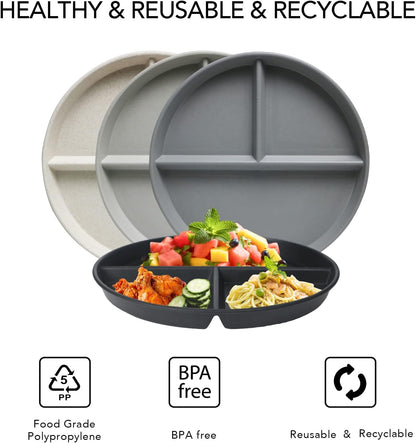 greenandlife 9 Inch 4PCS Portion Control Plates with Lids, Divided Plates for Kids Adults, Dishwasher Microwave Safe Compartment Plate, Unbreakable Lightweight Reusable Wheat Straw Plate, Earth Tone