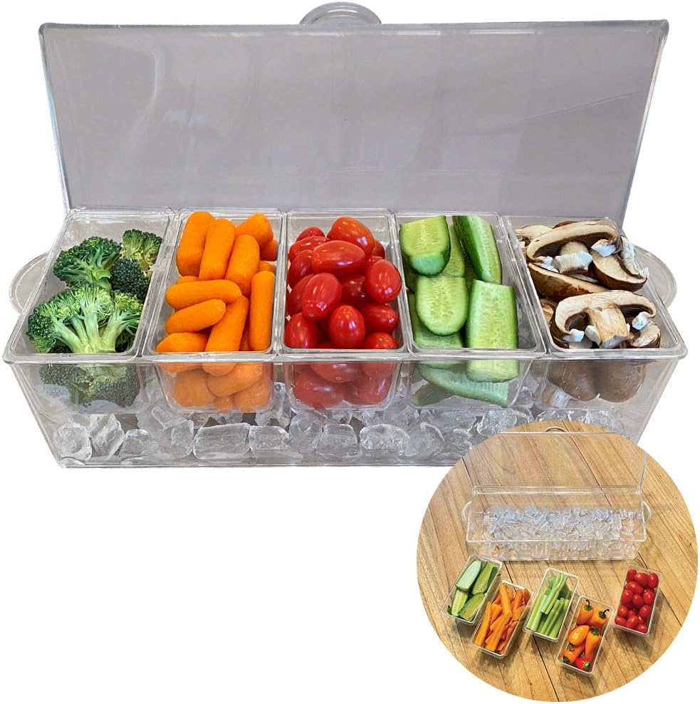Evelots Ice Chilled 5 Compartment Condiment Server Caddy with Hinged Lid | Plastic Garnish Serving Tray Container | Perfect for BBQs & Parties