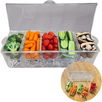 Evelots Ice Chilled 5 Compartment Condiment Server Caddy with Hinged Lid | Plastic Garnish Serving Tray Container | Perfect for BBQs & Parties