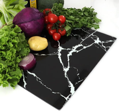 JAMBALAY Tempered Glass Cutting Boards for Kitchen, Gold 12"x8" & 16"x12" Glass Cutting Board Set with Marble Design, With Non Slip Foot, Shatter and Heat Resistant, Dishwasher Safe