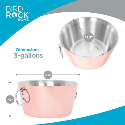 BIRDROCK HOME Hammered Stainless Steel Round Beverage Tub with Handles - Double Wall Insulated 3 Gallons - Metal Drink Cooler & Ice Bucket for Parties - Outdoor Aluminum Holder for Bottles & Soda