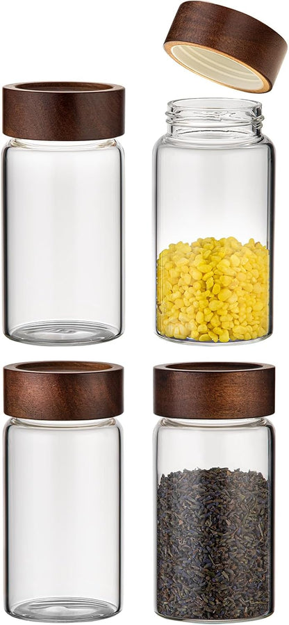 6 pc Glass Spice jars Glass Jars with Screw Lid 5 oz Acacia Wood Glass Herb Sugar Coffee Bean Ground Container Food Storage Canister for Candy Pantry Tea Seasoning Meal Prep Snack (6*150ml(5oz))