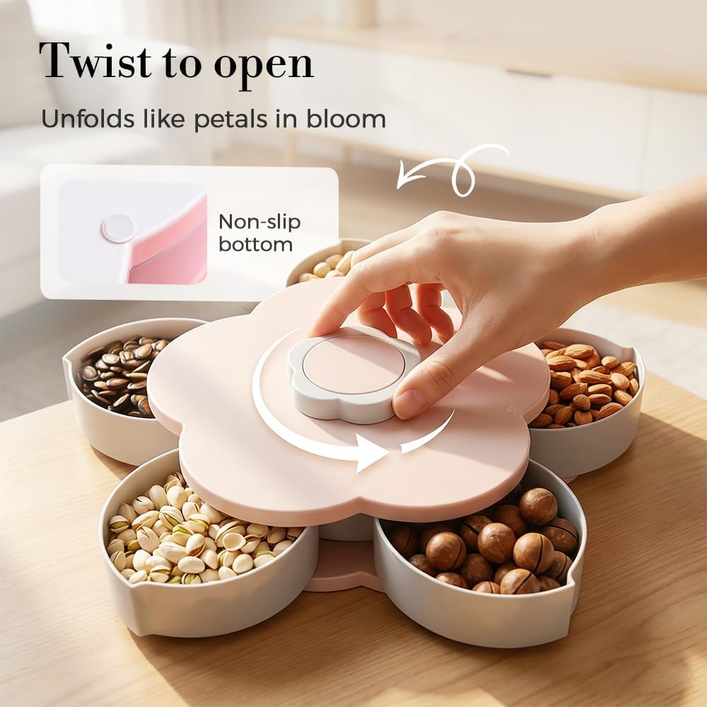 Divided Serving Tray that Spins, Flower Shaped Rotating Snack Container with Lid, 5-Compartment Twist and Turn Snack Fruit Food Platter Tray for Picnic Parties Home Kitchen (Pink)