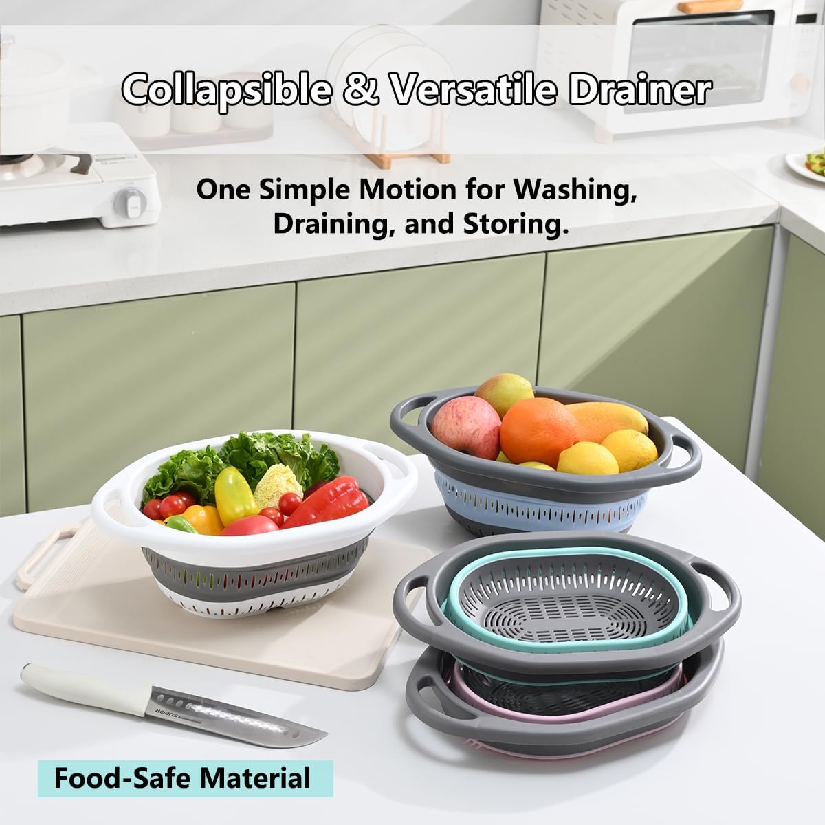 2-Pack Collapsible Silicone Colander Strainer, Foldable Kitchen Sink Basket for Washing Vegetables & Pasta, Space Saving & Dishwasher Safe, Kitchen Essentials