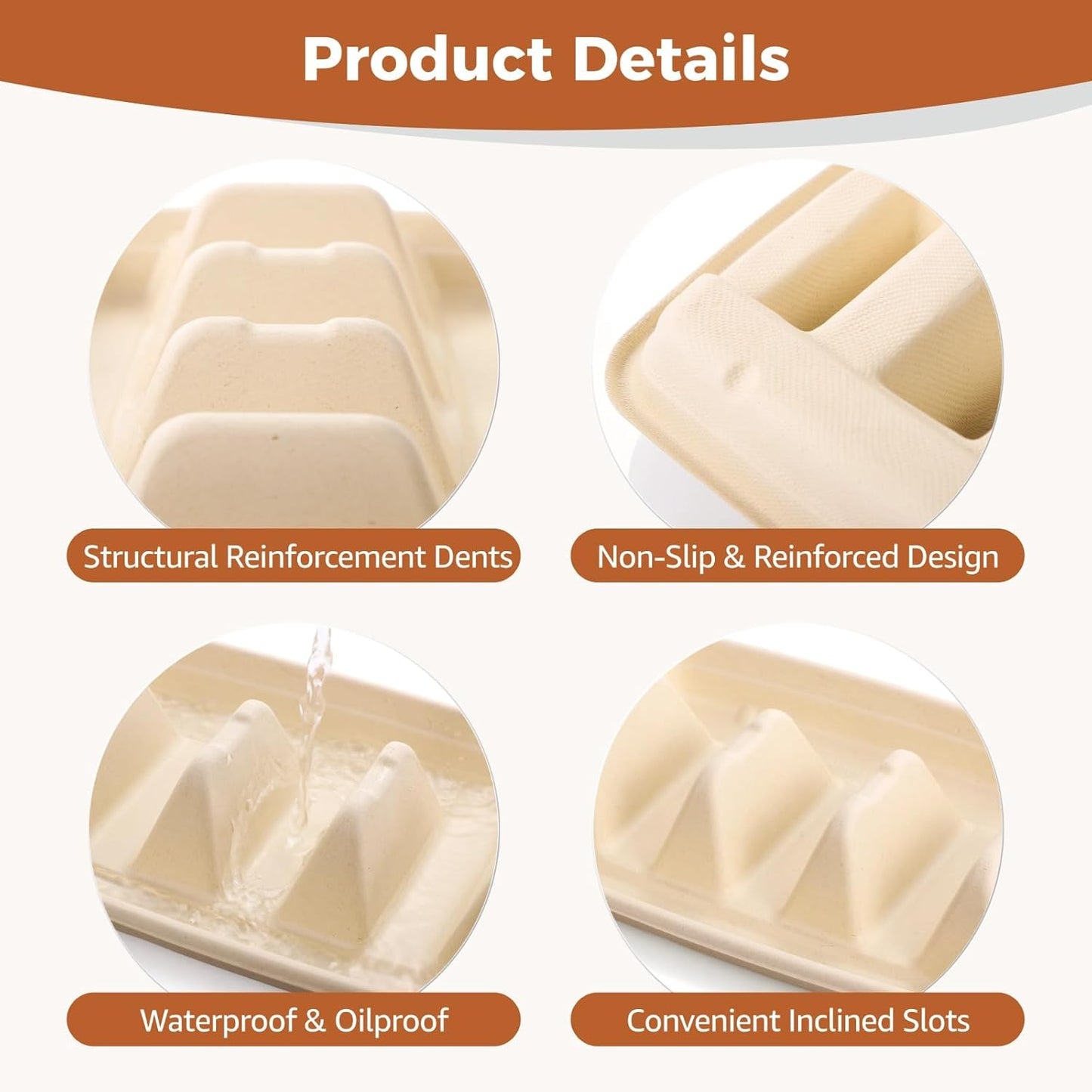 150 PCS Disposable Taco Holders, 3-Slot Bagasse Pulp Taco Plates, Plant Fiber Taco Stands with Dividers, Taco Tuesday Serving Trays for Tacos, Sandwiches, Hot Dogs, Pancakes