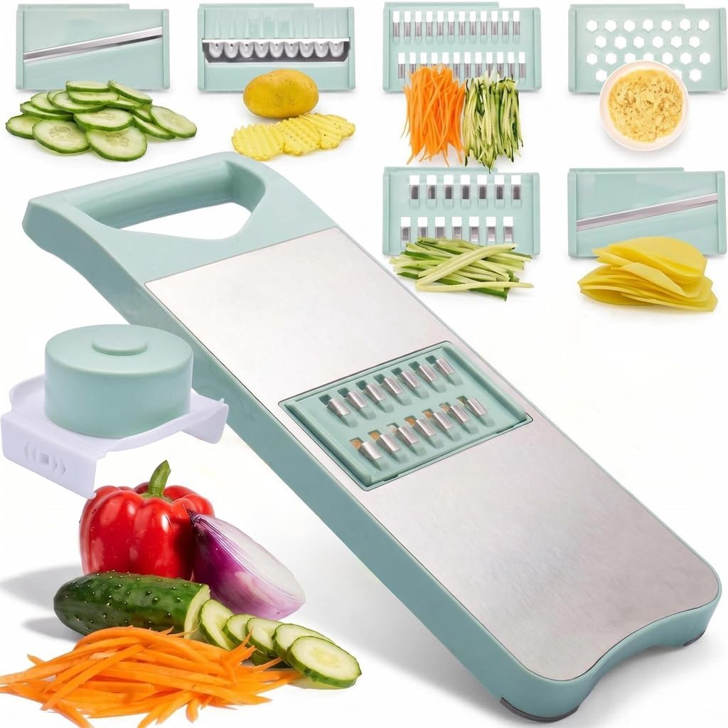 NACOLUS 5 In 1 Mandoline Slicer with Slide-On Hand Guard - Vegetable Slicer, Carrot Shredder,Safe Potato/Garlic Slicer Vegetable Cutter, Waffle Fry Cutter (Green, 5-in-1)