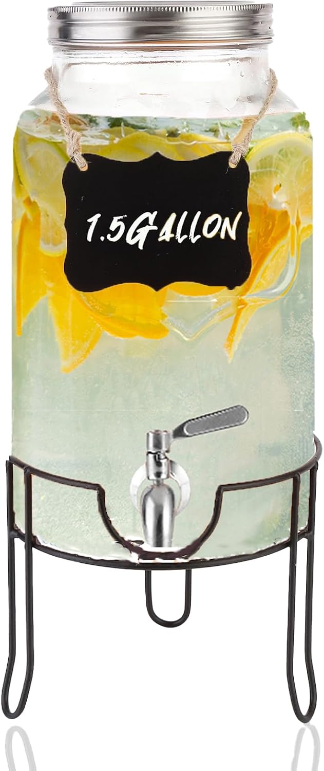 1.5 Gallon Glass Beverage Dispenser with Stand and Lid for Parties,Glass Drink Dispenser with Stainless Steel Leakproof Spigot,Mason Jar Drink Dispensers with Lids for Lemonade,Juice,Water
