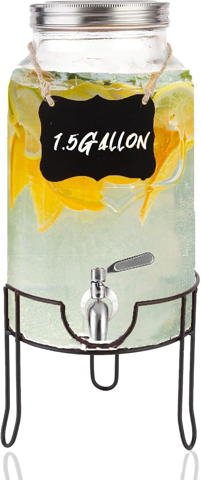 1.5 Gallon Glass Beverage Dispenser with Stand and Lid for Parties,Glass Drink Dispenser with Stainless Steel Leakproof Spigot,Mason Jar Drink Dispensers with Lids for Lemonade,Juice,Water