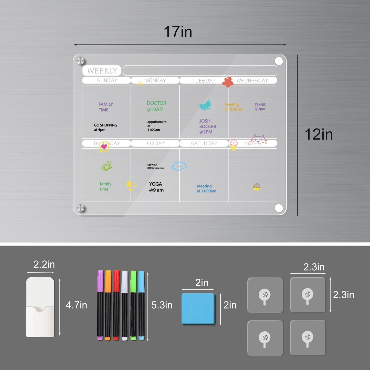 Acrylic Magnetic Dry Erase Calendar Board for Fridge, 16"X12" - Erasable Monthly and Weekly Planner with to-Do List, Includes 6 Markers and Eraser