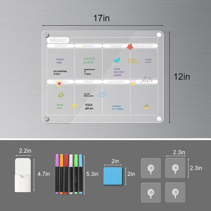 Acrylic Magnetic Dry Erase Calendar Board for Fridge, 16"X12" - Erasable Monthly and Weekly Planner with to-Do List, Includes 6 Markers and Eraser
