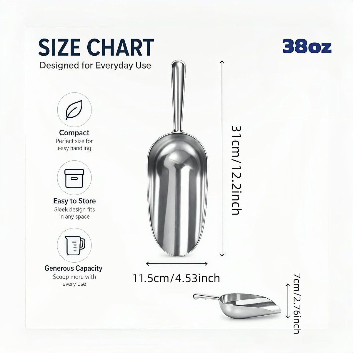 Cast Aluminum 5oz Utility Scoop, Round Bottom Multi-Purpose Ice Scooper with Finger Groove Handle,Food Grade Solid Conical Scoop for Ice Maker Flour Cereal Popcorn Pet Food