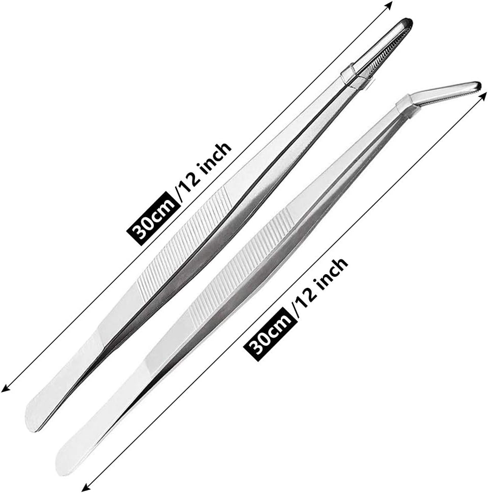 Kitchen Tweezers Stainless Steel 8 Inch Long Tweezers Tongs, Heavy Duty large food tweezers with Precision Serrated Tips for Cooking(8" Straight+Curved)