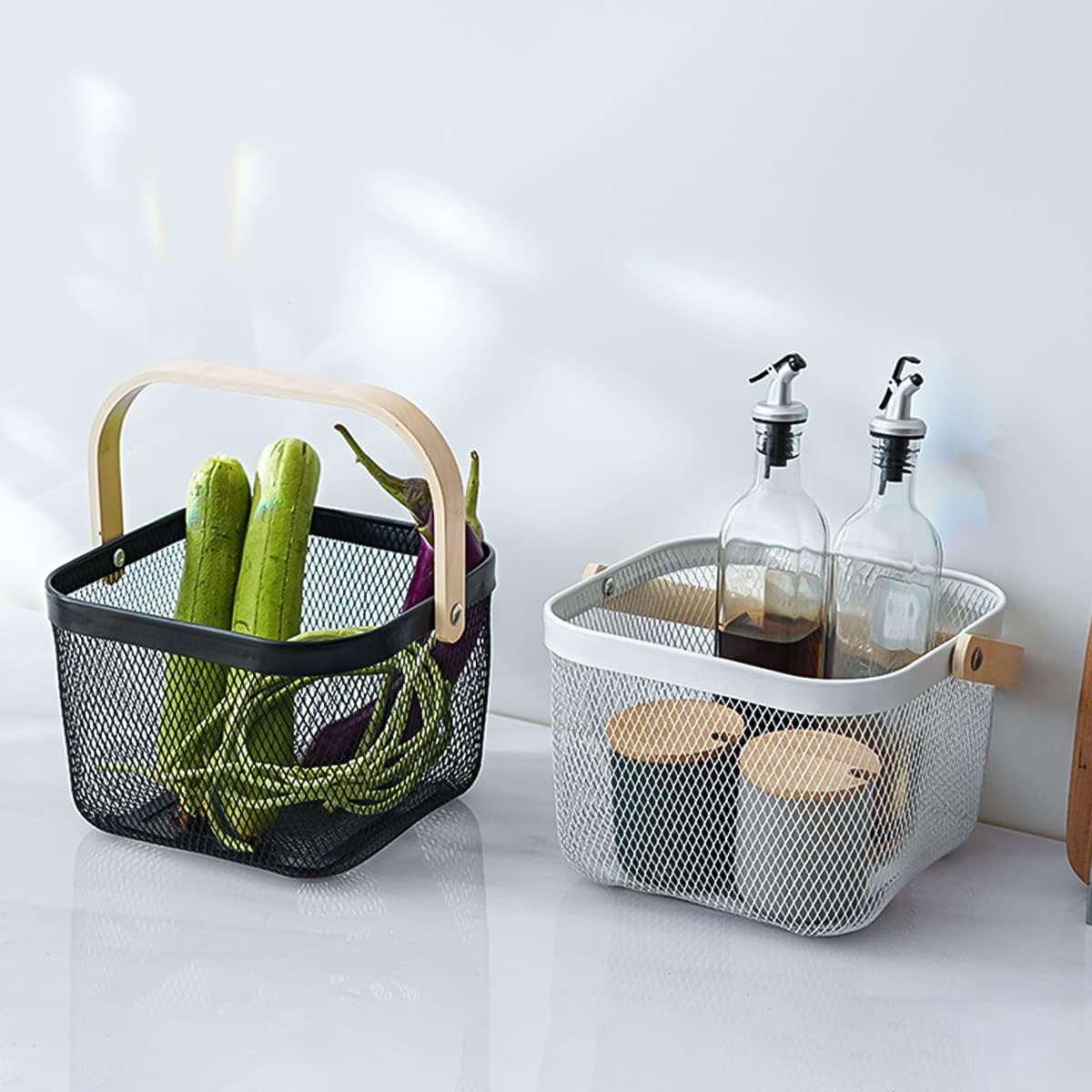 Mesh Steel Storage Organizer Basket Fruit Basket Bin with Wood Handle Ideal for Kitchen Bathroom Picnic Baskets Pantry Cabinets Storage Home Decor (White)