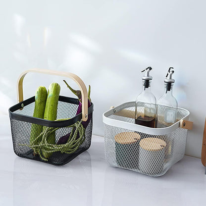 Mesh Steel Storage Organizer Basket Fruit Basket Bin with Wood Handle Ideal for Kitchen Bathroom Picnic Baskets Pantry Cabinets Storage Home Decor (White)