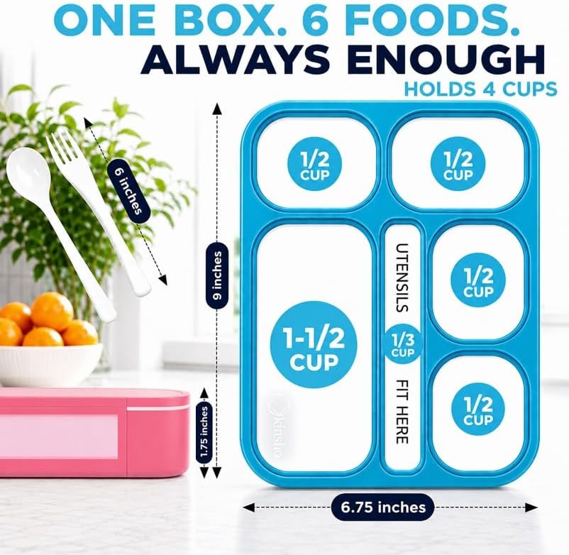 kinsho Lunch Box for Kids Boys Girls - Bento Box Set with Insulated Bag and Ice Pack, 6 Compartment Leak Proof Food Container, BPA-Free, Microwave Safe, Ideal for School & Work, Teal