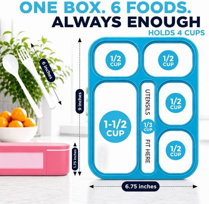 kinsho Lunch Box for Kids Boys Girls - Bento Box Set with Insulated Bag and Ice Pack, 6 Compartment Leak Proof Food Container, BPA-Free, Microwave Safe, Ideal for School & Work, Teal