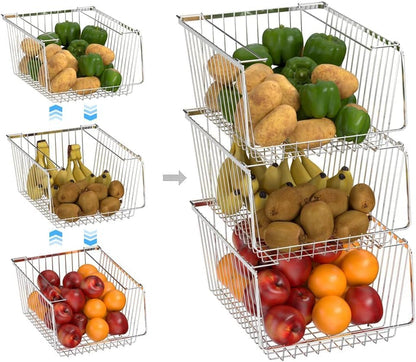 SANNO 14" Stacking Baskets Bin Wire Storage Baskets Organization Farmhouse Scoop Baksket for Pantry, Kitchen, Closets, Bathroom, Cabinets, Kitchen, Narrow, Set of 3