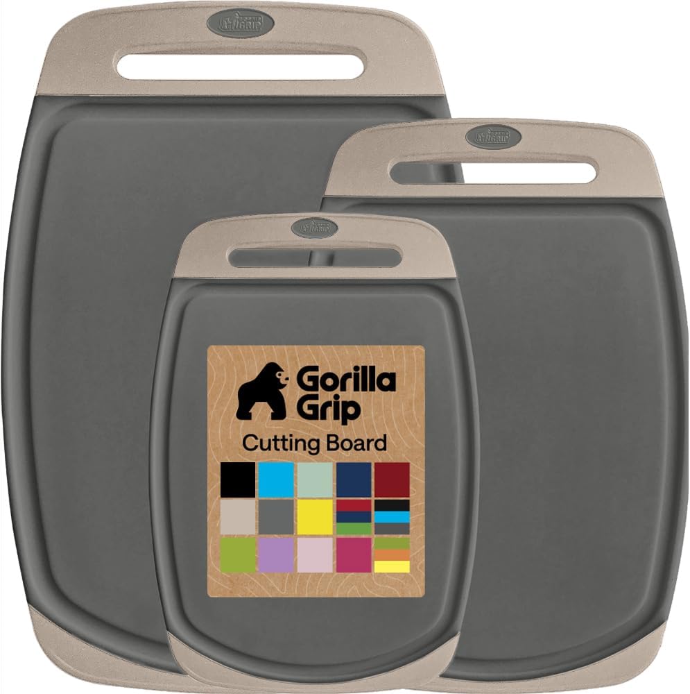 GORILLA GRIP BPA-Free Reversible Kitchen Cutting Board Set of 3, US Designed, Nonporous, Juice Grooves Catch Liquid, Slip Resistant Border, Dishwasher Safe, Durable Large Food Chopping Boards, Black