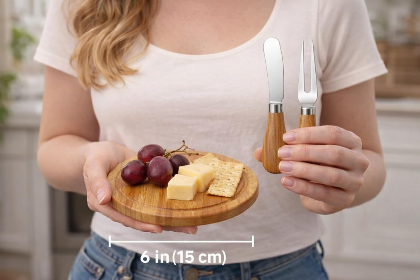 Upgraded storage-ready Small Cheese Board Set & Dessert Plate with Knife & Fork, 1-Pack 6-Inch Personal Charcuterie Tray, Bamboo, Gift-ready for Wedding, Bridal & Baby Shower Party
