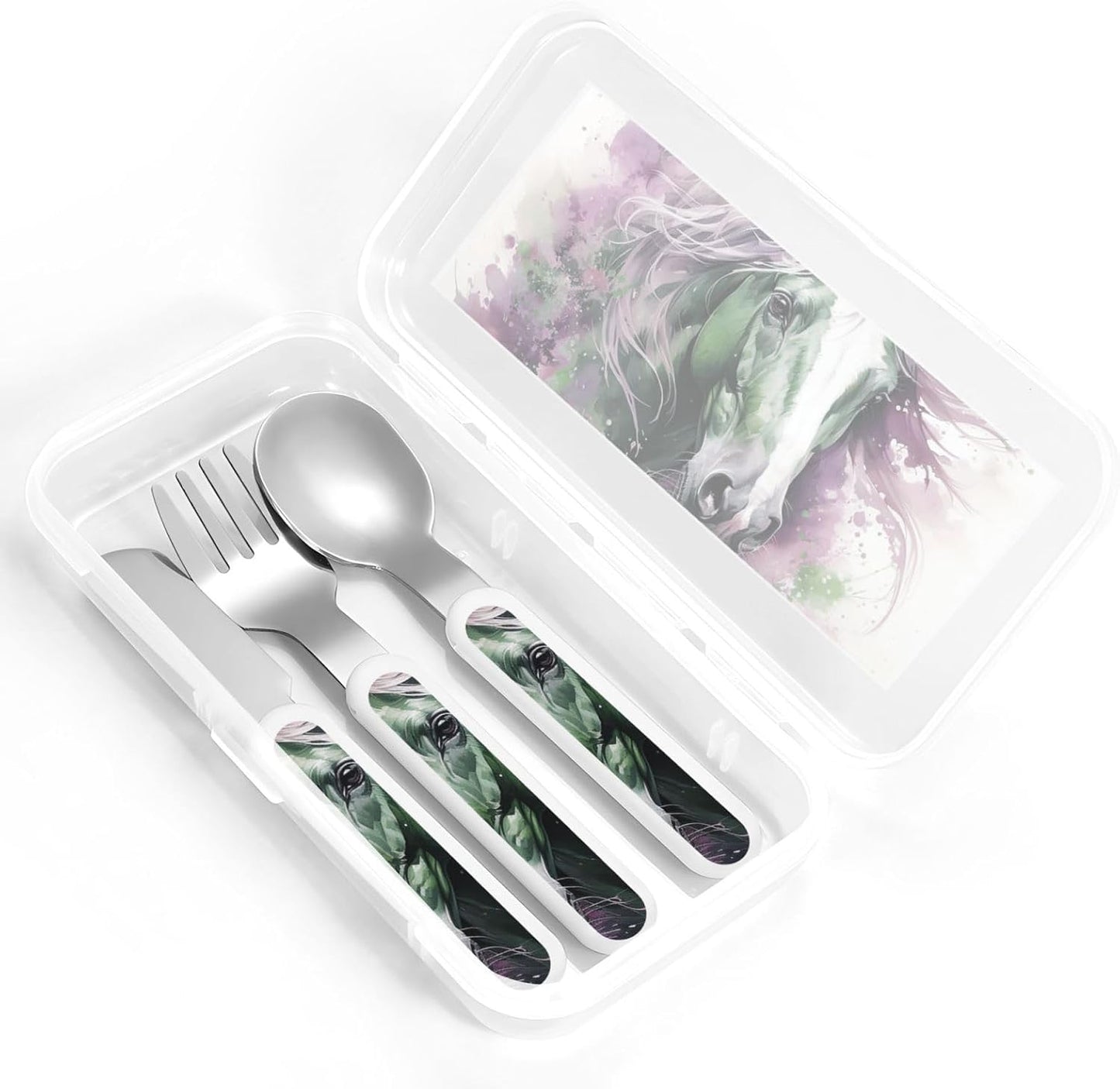 3-Piece Children Utensils Set Green Horse Knife Spoon Fork Set Stainless Steel Silverware Set Easy-Grip Reusable Utensils Set Child Flatware Set with Case for Lunch Travel