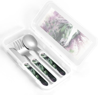 3-Piece Children Utensils Set Green Horse Knife Spoon Fork Set Stainless Steel Silverware Set Easy-Grip Reusable Utensils Set Child Flatware Set with Case for Lunch Travel