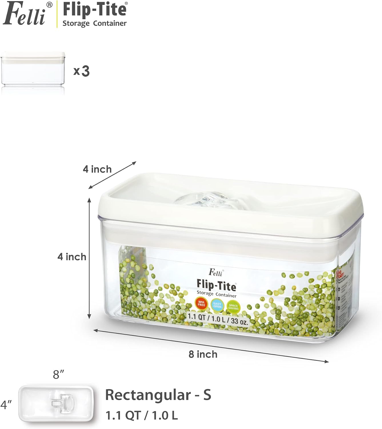 Felli Flip Tite Storage Container with Lid 4” RECTANGULAR Airtight Ring Flip Top, Stackable Kitchen Counter Pantry Organizer Acrylic Canister Jar for Pasta Spaghetti Cereal Granola Coffee (1.9qt)
