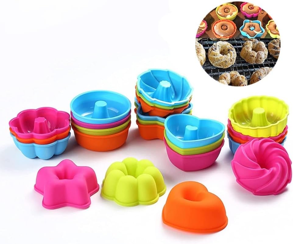 Silicone Muffin Baking Cups, 24 Pack Reusable 6 Shapes Silicone Mini Cupcake Liners for Baking, Nonstick Cupcake Liners Candy Molds Set DIY Cake Tools