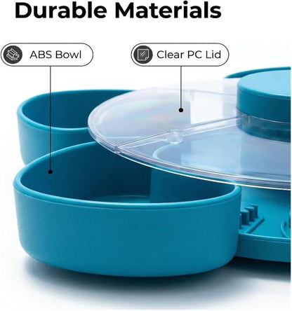 Multi-Compartment Rotating Snack Container with Clear Lid - Dust-Proof Divided Snack Tray for Parties & Picnics, Portable Lazy Susan Food Organizer, Covered Travel Snack Box (Blue)