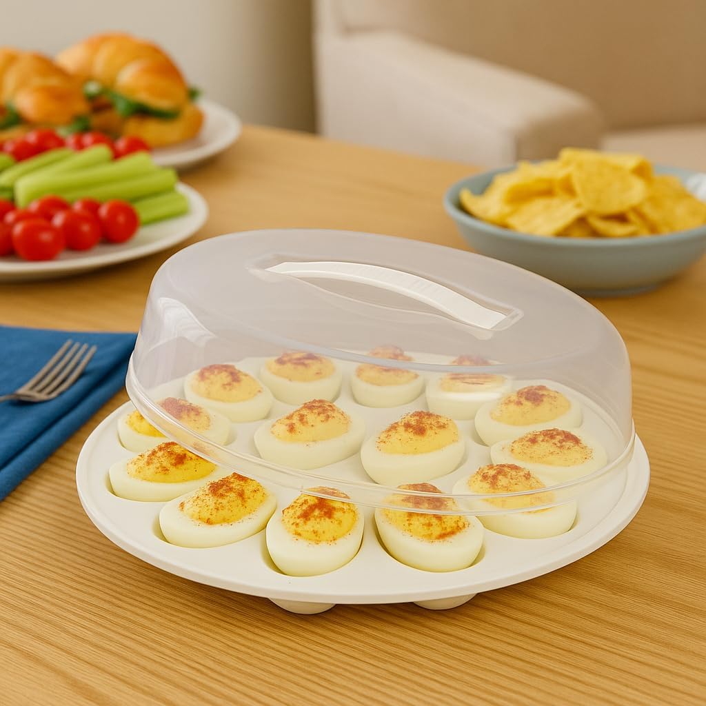 Deviled Egg Carrier with Lid 2 Pack 12-Slot Trays 10.375 Inch Round BPA-Free Plastic with Handle Freezer-Safe Egg Holder for Transport and Storage