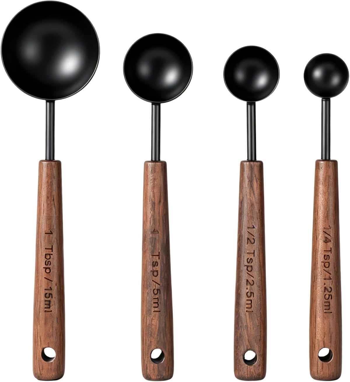 4 Pcs Wooden Handle Measuring Spoons, Black Stainless Steel Measuring Scoops Tablespoon Measure Cups for Kitchen Baking and Cooking (15ml, 5ml, 2.5ml, 1.25ml)