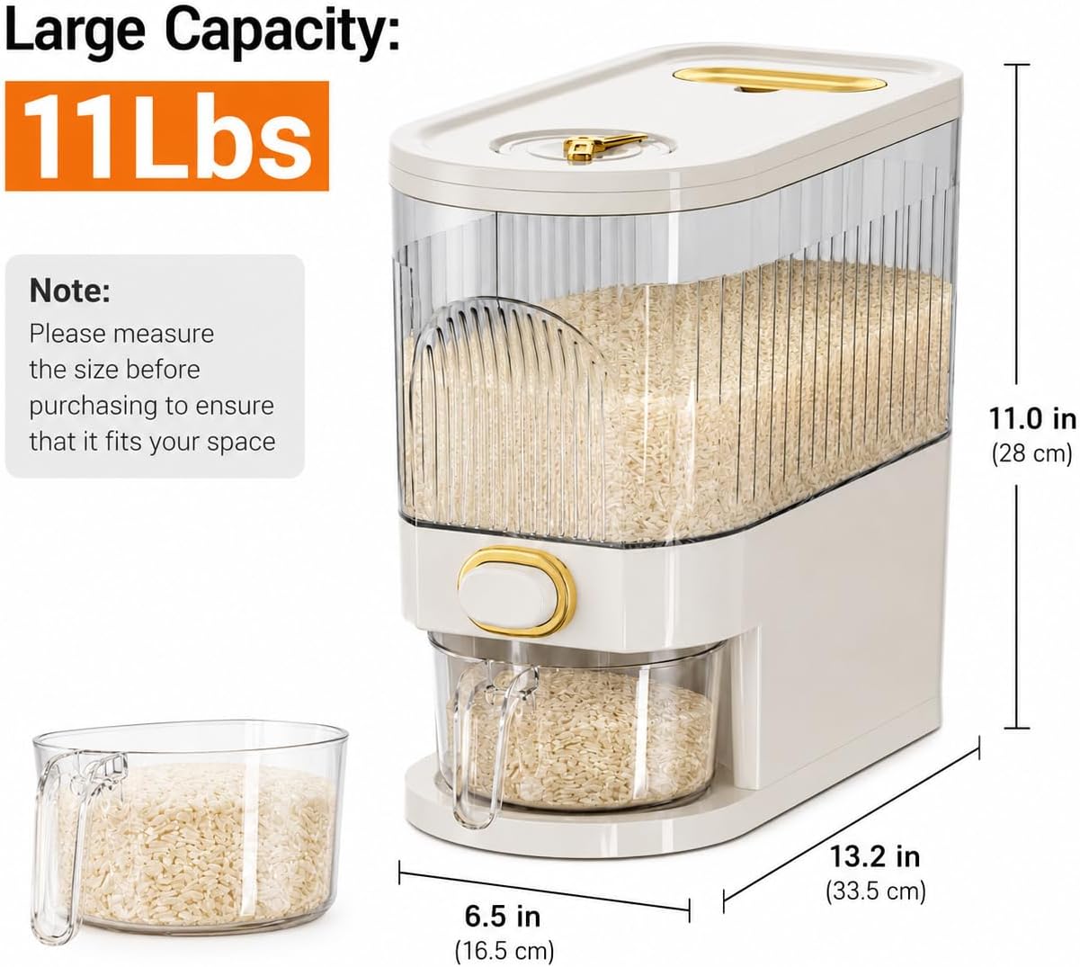 22-Pound Transparent High-Capacity Rice Bin Features a Lid, Time Scale, and Measuring Cup，a Sealed Moisture Proof Grain Storage Container Suitable for Storing Rice, Corn, and More. (22, Pounds)