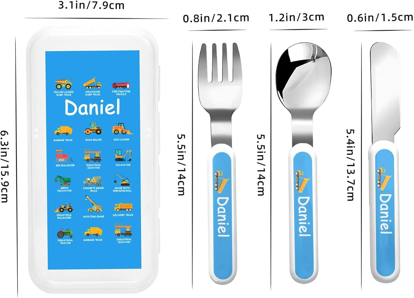 Personalized Stainless Steel Kids Utensils Set Custom Name on Kids Forks Knife and Spoons for 3 Pcs Kid Cutlery Set with Case (Truck)