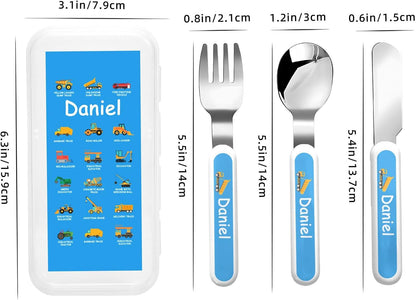 Personalized Stainless Steel Kids Utensils Set Custom Name on Kids Forks Knife and Spoons for 3 Pcs Kid Cutlery Set with Case (Truck)