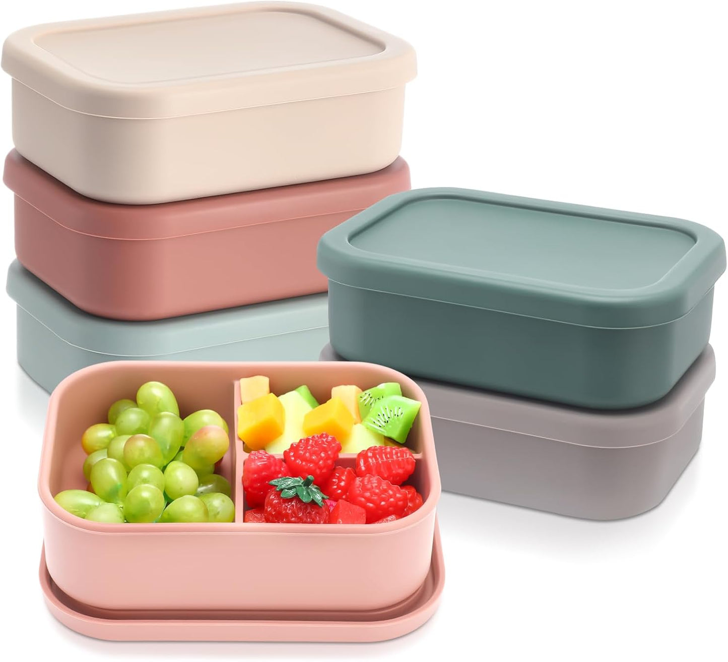 Honeydak 6 Pcs Silicone Bento Box Reusable Silicone Bento Lunch Container for Adults Microwave Dishwasher Freezer Safe 3 Compartment (Light Colors)