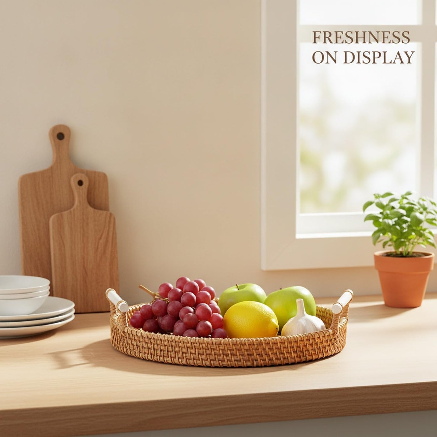 Hand Woven Rattan Basket with Wood Handle, Open Weave Storage Bin for Countertop Organization, Produce, and Snacks